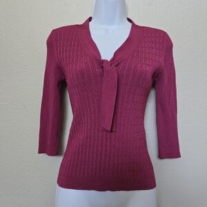 Vintage Ribbed Knit V Neck Tie Sweater Magenta Size Medium P